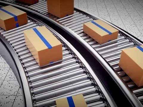 3d rendering of Cardboard boxes on a conveyor belt 스톡 일러스트