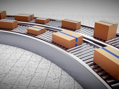3d rendering of Cardboard boxes on a conveyor belt Illustrazione stock