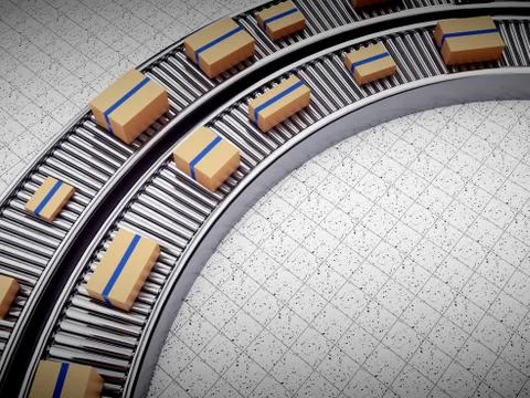 3d rendering of Cardboard boxes on a conveyor belt 스톡 일러스트