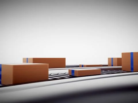 3d rendering of Cardboard boxes on a conveyor belt Illustrazione stock