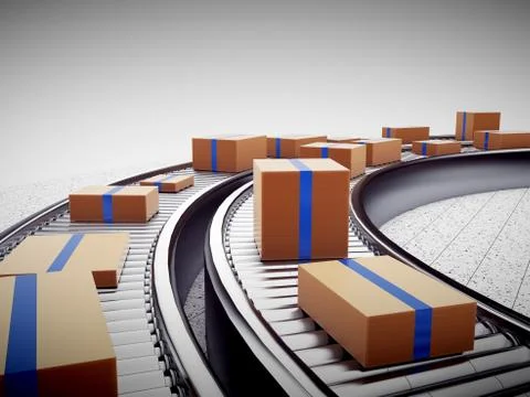 3d rendering of Cardboard boxes on a conveyor belt Illustrazione stock