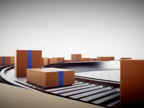 3d rendering of Cardboard boxes on a conveyor belt 스톡 일러스트