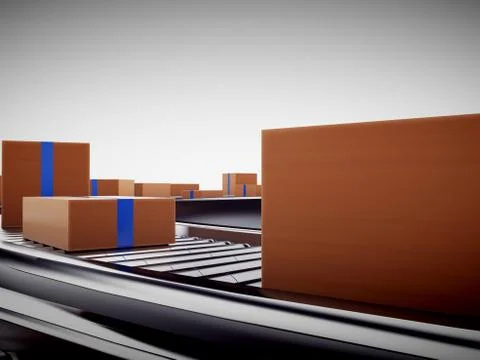 3d rendering of Cardboard boxes on a conveyor belt Illustrazione stock