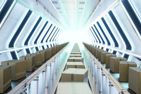 3D rendering of cardboard boxes on conveyor belts Ilustração Stock