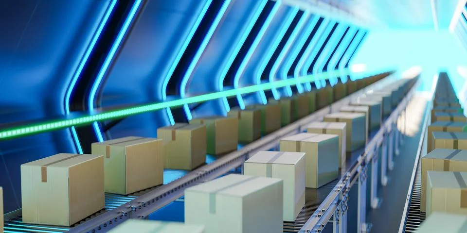 3D rendering of cardboard boxes on conveyor belts Ilustração Stock