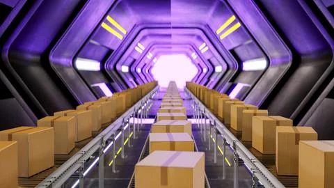 3D rendering of cardboard boxes on conveyor belts Ilustração Stock