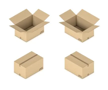 3d rendering of a carton box in open and closed state in double-sided isometric Stock Illustration