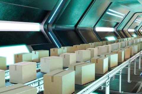 3D rendering of carton boxes on conveyor system in modern factory Ilustração Stock