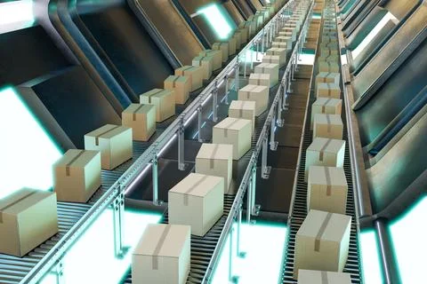 3D rendering of carton boxes on conveyor system in modern factory Ilustração Stock