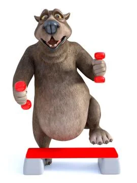 3D rendering of cartoon bear exercising with dumbbells. Stock-Illustration