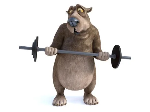 3D rendering of cartoon bear exercising with barbell. Stock Illustration