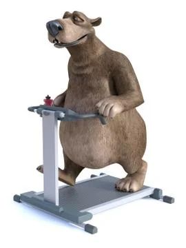 3D rendering of cartoon bear exercising on treadmill. Stock Illustration