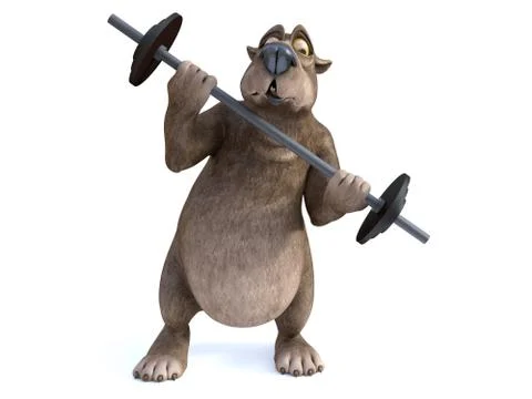 3D rendering of cartoon bear exercising with barbell. Stock Illustration