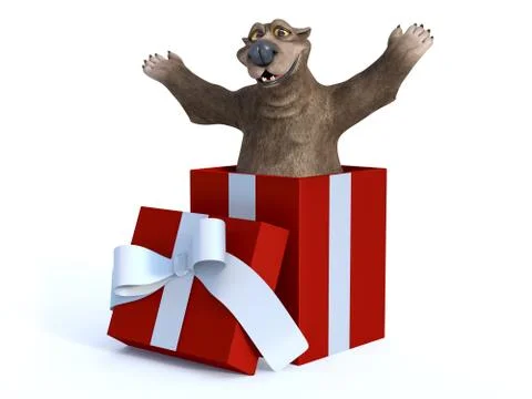 3D rendering of a cartoon bear in a gift box. Stock Illustration