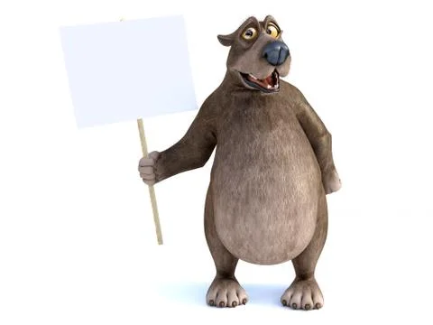3D rendering of a cartoon bear holding blank sign. Illustrazione stock
