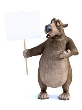 3D rendering of a cartoon bear holding blank sign. Stock Illustration