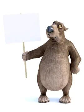 3D rendering of a cartoon bear holding blank sign. Stock Illustration