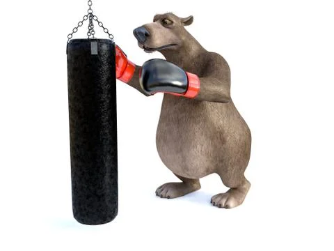 3D rendering of cartoon bear punching a heavy bag. Stock Illustration