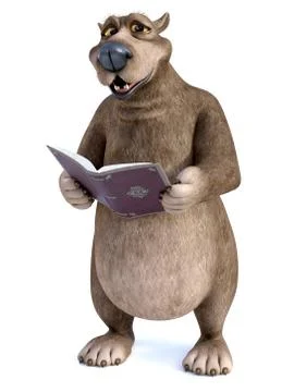 3D rendering of a cartoon bear reading a book. Stock Illustration