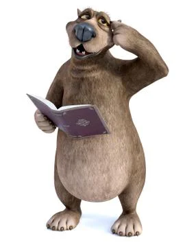 3D rendering of cartoon bear reading book and thinking about something. Stock Illustration