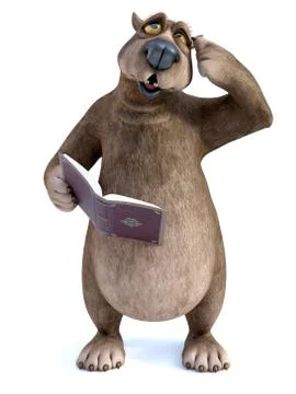 3D rendering of cartoon bear reading book and thinking about something. Stock Illustration