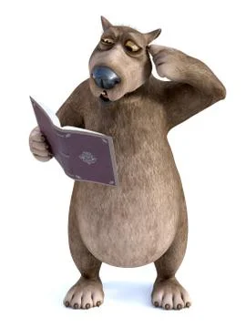 3D rendering of cartoon bear reading book and looking confused. Stock Illustration