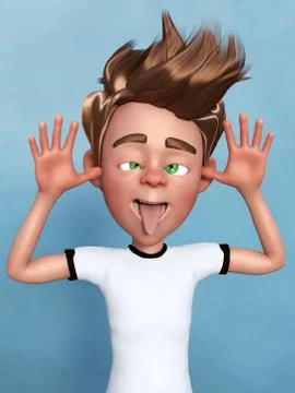 3D rendering of a cartoon boy doing a silly face. Illustrazione stock