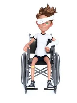 3D rendering of a cartoon boy sitting in a wheelchair. Illustrazione stock