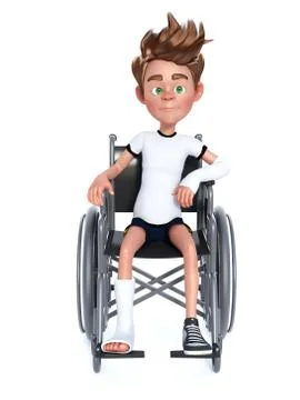 3D rendering of a cartoon boy sitting in a wheelchair. Stock Illustration