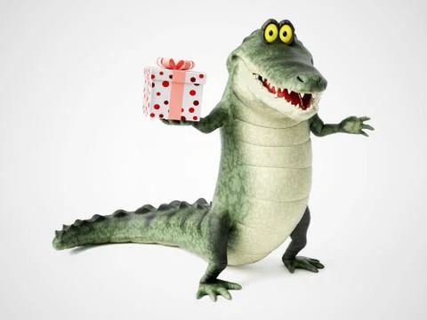3D rendering of a cartoon crocodile holding a gift. Stock Illustration