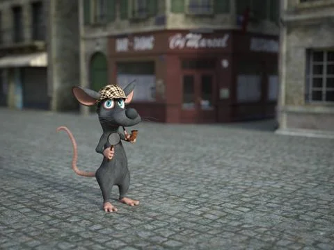 3D rendering of a cartoon detective mouse investigating a crime. Stock Illustration