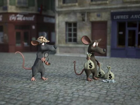 3D rendering of a cartoon detective mouse investigating a crime. Stock Illustration