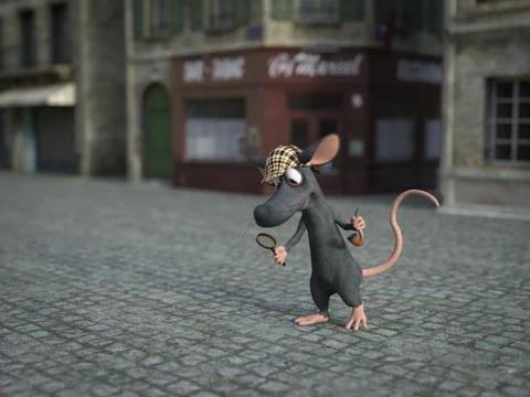 3D rendering of a cartoon detective mouse investigating a crime. Stock Illustration