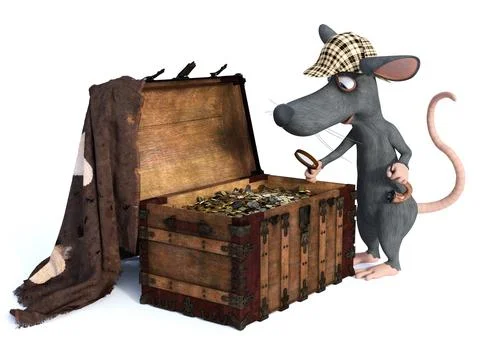 3D rendering of a cartoon detective mouse with treasure chest. Illustrazione stock