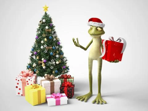 3D rendering of cartoon frog celebrating Christmas. Stock Illustration