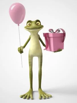 3D rendering of cartoon frog holding a balloon and a present. Stock Illustration