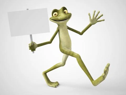 3D rendering of cartoon frog holding blank sign. Stock Illustration