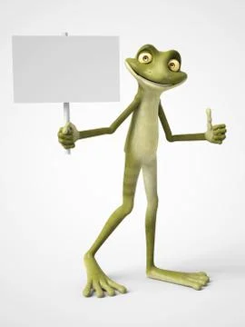 3D rendering of cartoon frog holding blank sign. Stock Illustration