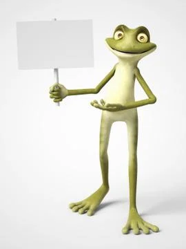 3D rendering of cartoon frog holding blank sign. Stock Illustration