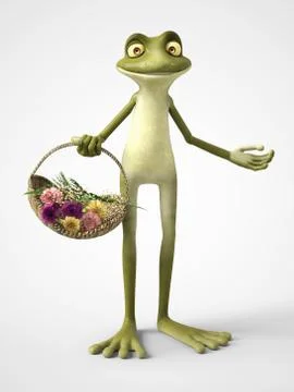 3D rendering of cartoon frog holding a flower basket. Stock Illustration