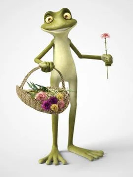 3D rendering of cartoon frog holding a flower basket. Stock Illustration