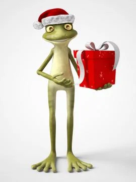 3D rendering of cartoon frog wearing Santa hat. Stock Illustration