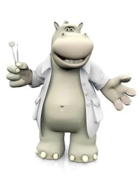 3D rendering of a cartoon hippo dentist holding toothbrushes. Stock Illustration
