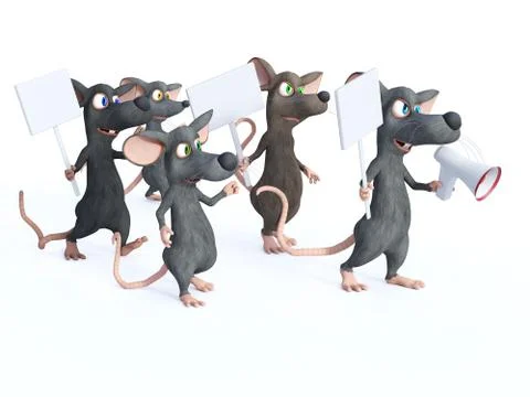 3D rendering of cartoon mice on strike. Stock Illustration