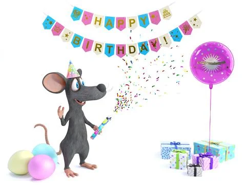 3D rendering of a cartoon mouse celebrating with party popper. Stock Illustration