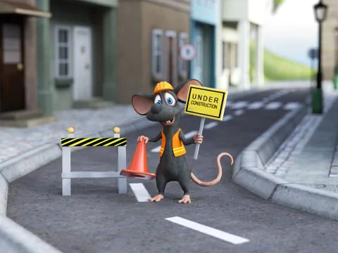 3D rendering of a cartoon mouse construction worker. Stock Illustration
