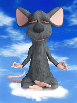 3D rendering of a cartoon mouse doing yoga in the clouds. Stock Illustration