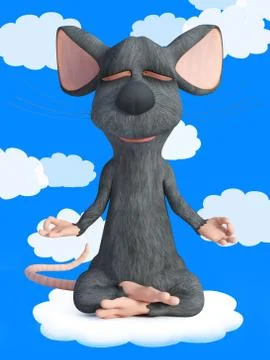 3D rendering of a cartoon mouse doing yoga in the clouds. Stock Illustration