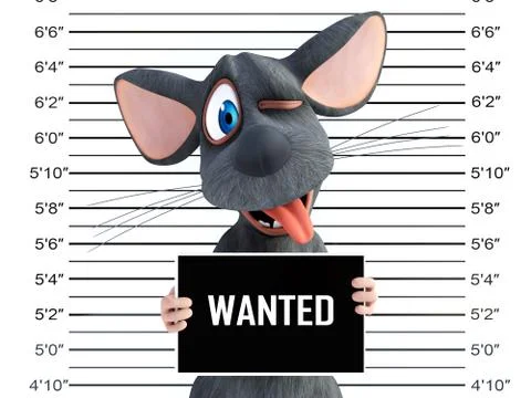 3D rendering of a cartoon mouse doing a silly face in a mugshot. Stock-Illustration