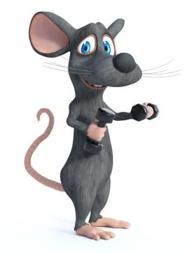 3D rendering of a cartoon mouse doing a workout with dumbbells. Stock Illustration